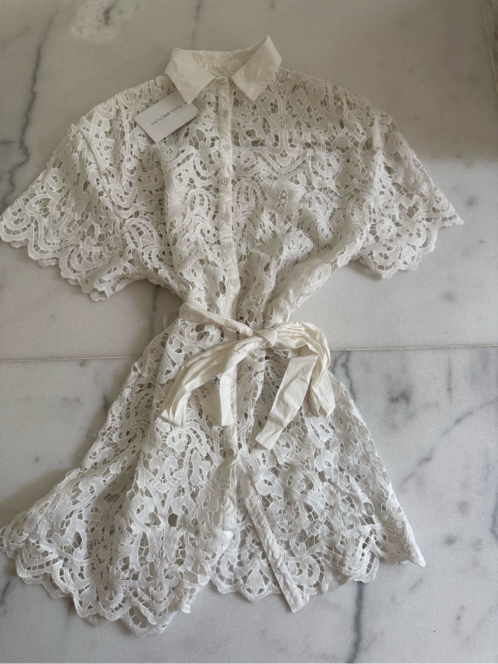 Maia Bergman White Lace Button-Up Tunic with Tie